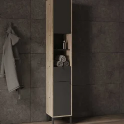 Säulenschrank Lagon - 39x33x201cm - 2 Türen und 1 Schublade - Schwarz/Eiche Dekor