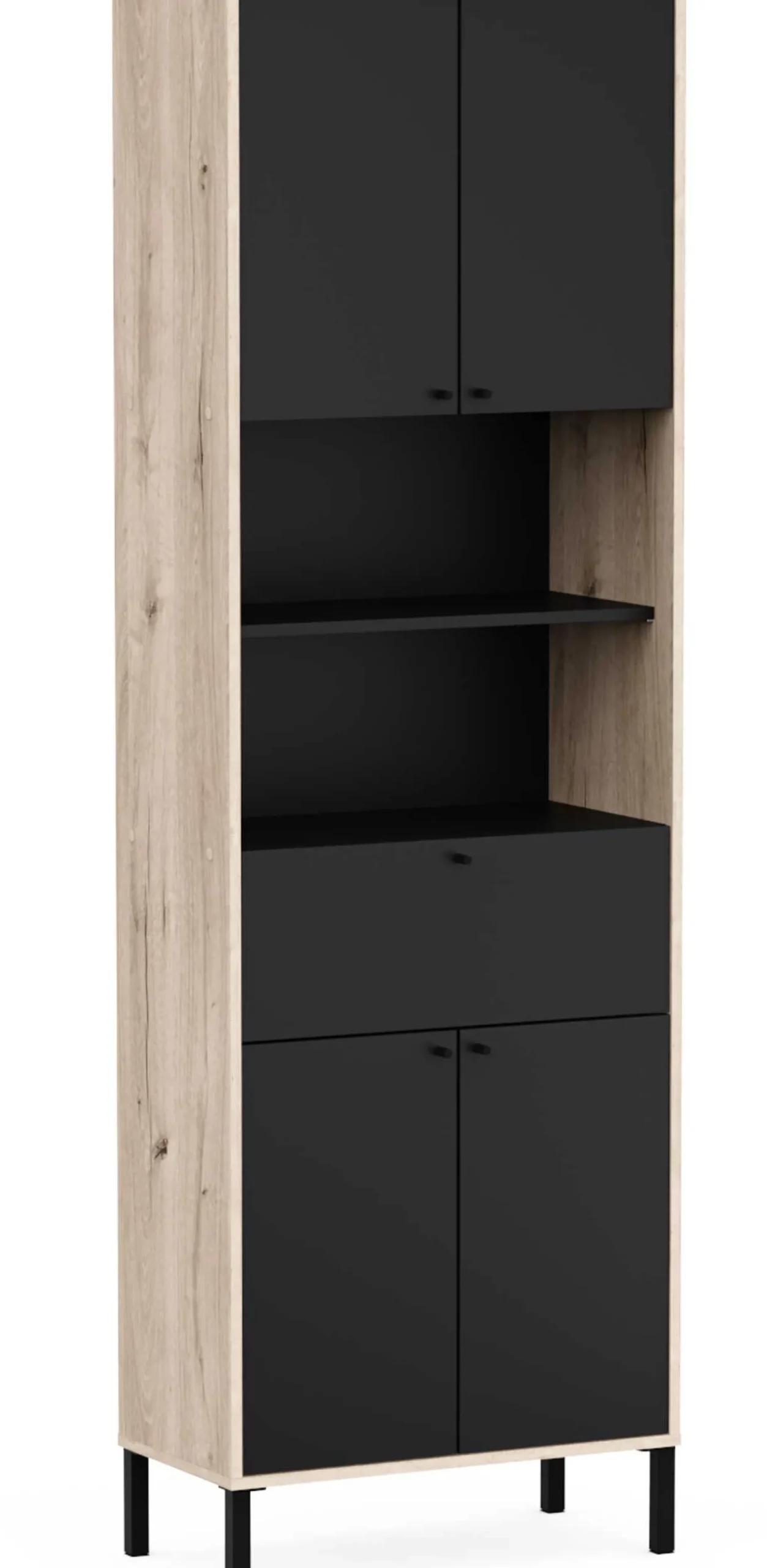 Säulenschrank Lagon - 69x33x201cm - 4 Türen und 1 Schublade - Schwarz/Eiche Dekor