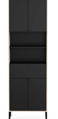 Säulenschrank Lagon - 69x33x201cm - 4 Türen und 1 Schublade - Schwarz/Eiche Dekor