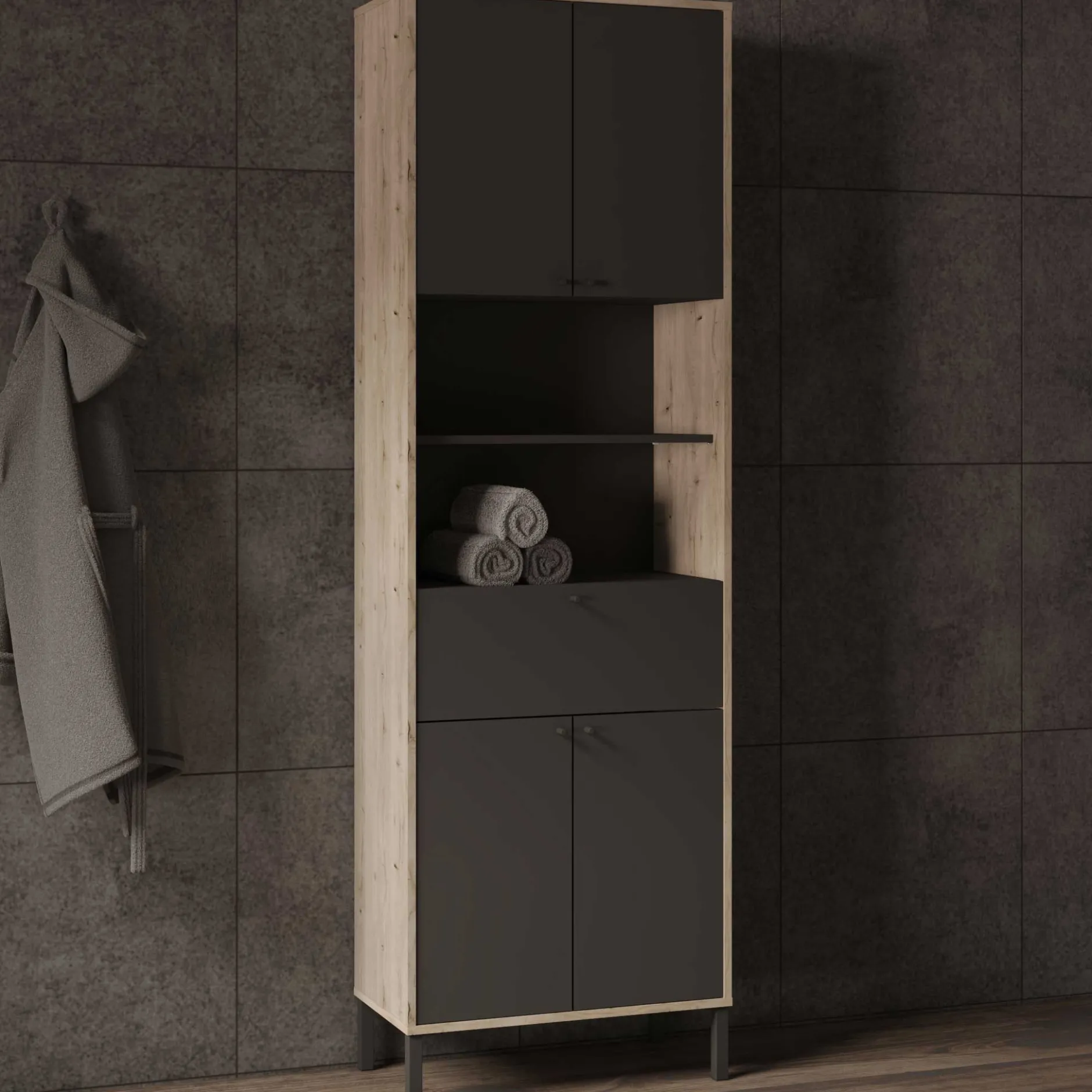 Säulenschrank Lagon - 69x33x201cm - 4 Türen und 1 Schublade - Schwarz/Eiche Dekor