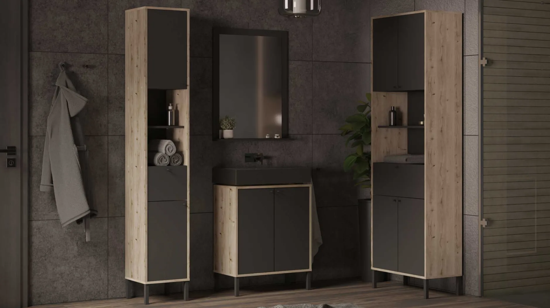 Säulenschrank Lagon - 69x33x201cm - 4 Türen und 1 Schublade - Schwarz/Eiche Dekor