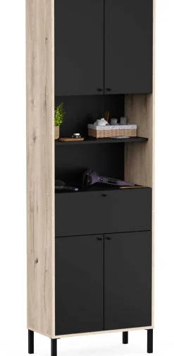 Säulenschrank Lagon - 69x33x201cm - 4 Türen und 1 Schublade - Schwarz/Eiche Dekor