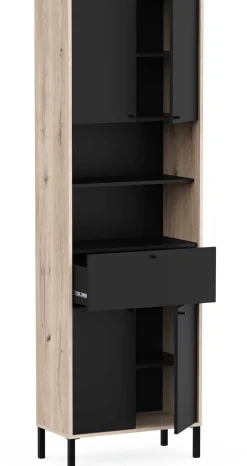 Säulenschrank Lagon - 69x33x201cm - 4 Türen und 1 Schublade - Schwarz/Eiche Dekor