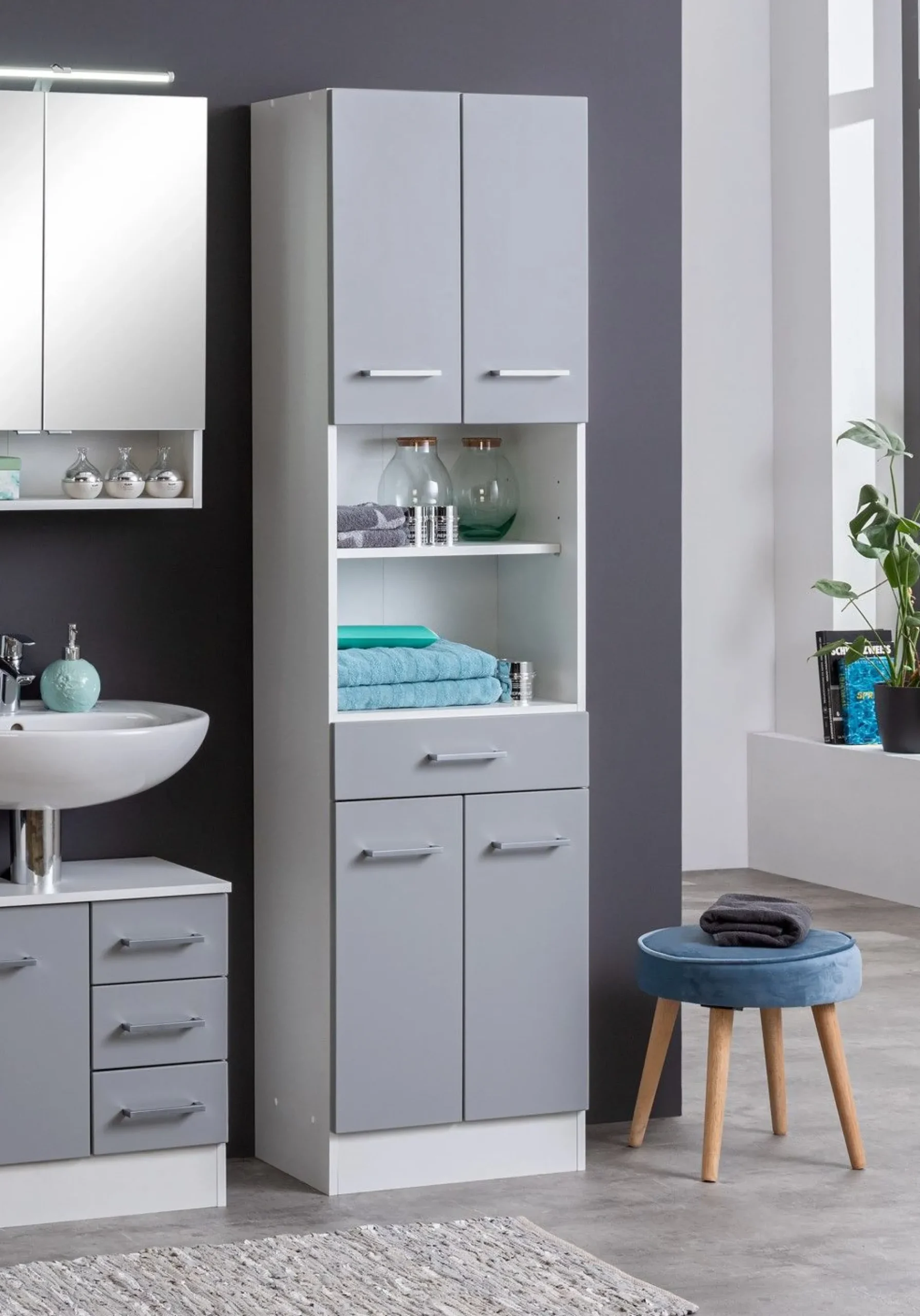 Säulenschrank Ricca 50cm 4 Türen und 1 Schublade - weiß/hellgrau
