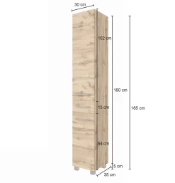 Säulenschrank Sefa 30cm 2 Türen und 1 Schublade - Eiche/Weiß