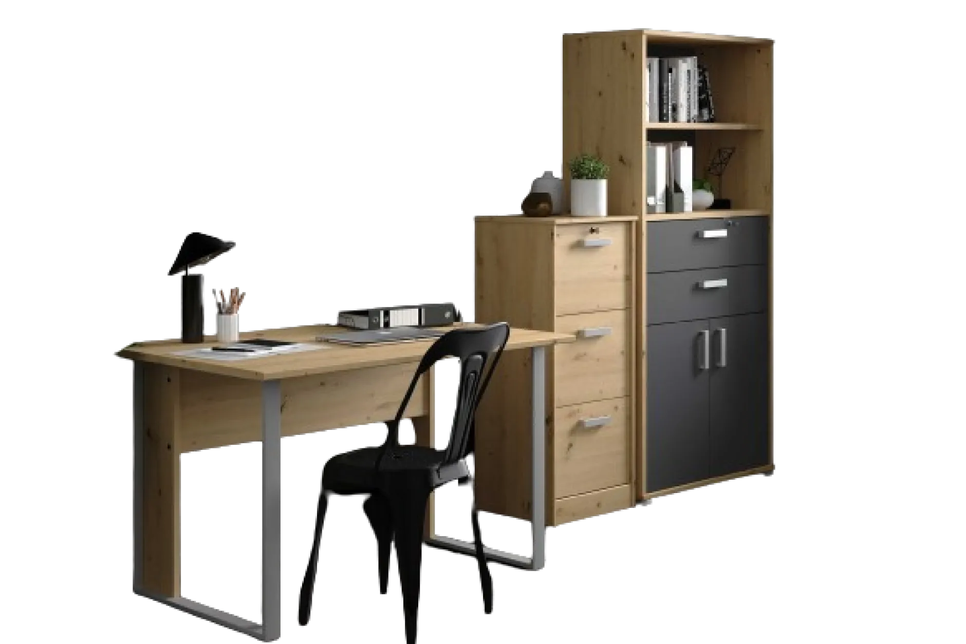 The OfficeBüro-Set : Schreibtisch 120cm, Aktenschrank, Bücherregal - Eiche Dekor