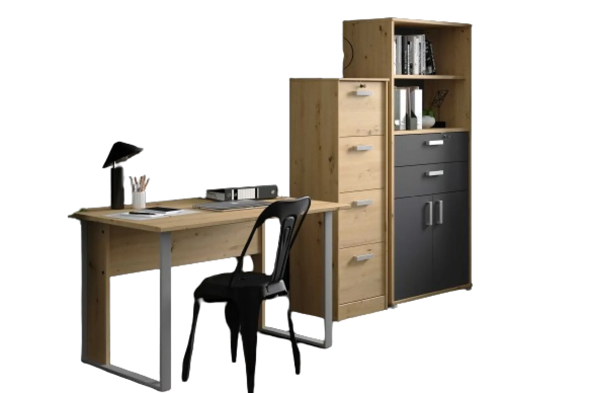 The OfficeBüro-Set : Schreibtisch 120cm, Aktenschrank, Bücherregal - Eiche Dekor