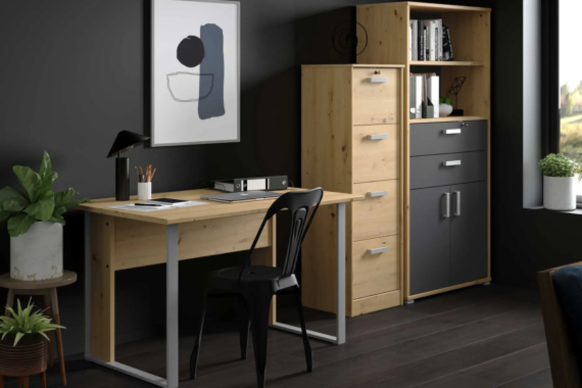 The OfficeBüro-Set : Schreibtisch 150cm, Aktenschrank, Bücherregal - Eiche Dekor