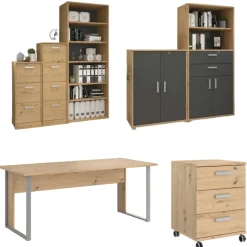 The OfficeBüro-Set : Schreibtisch 150cm, Schubladenschrank, Bücherregale, Aktenschränke - Eiche Dekor
