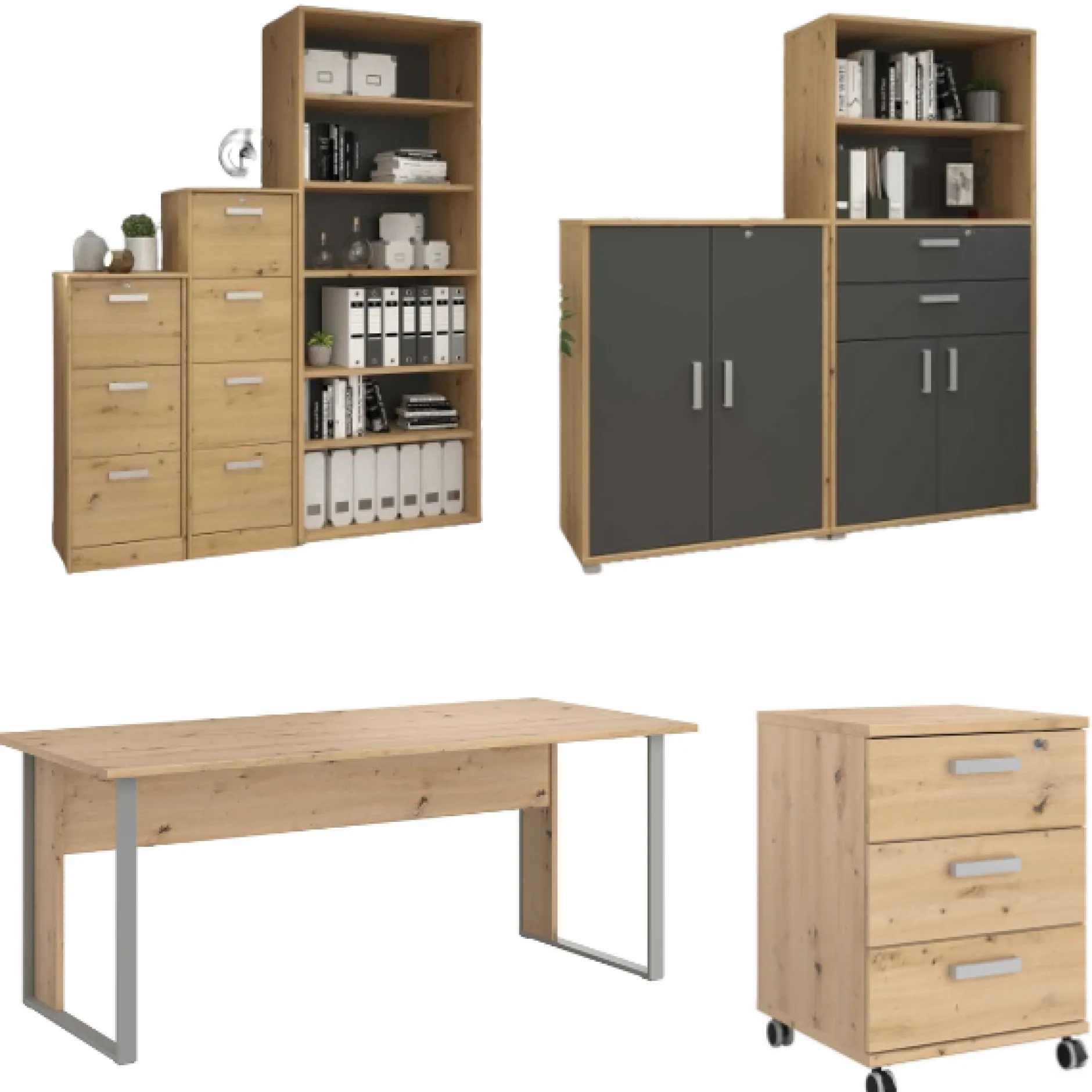 The OfficeBüro-Set : Schreibtisch 150cm, Schubladenschrank, Bücherregale, Aktenschränke - Eiche Dekor