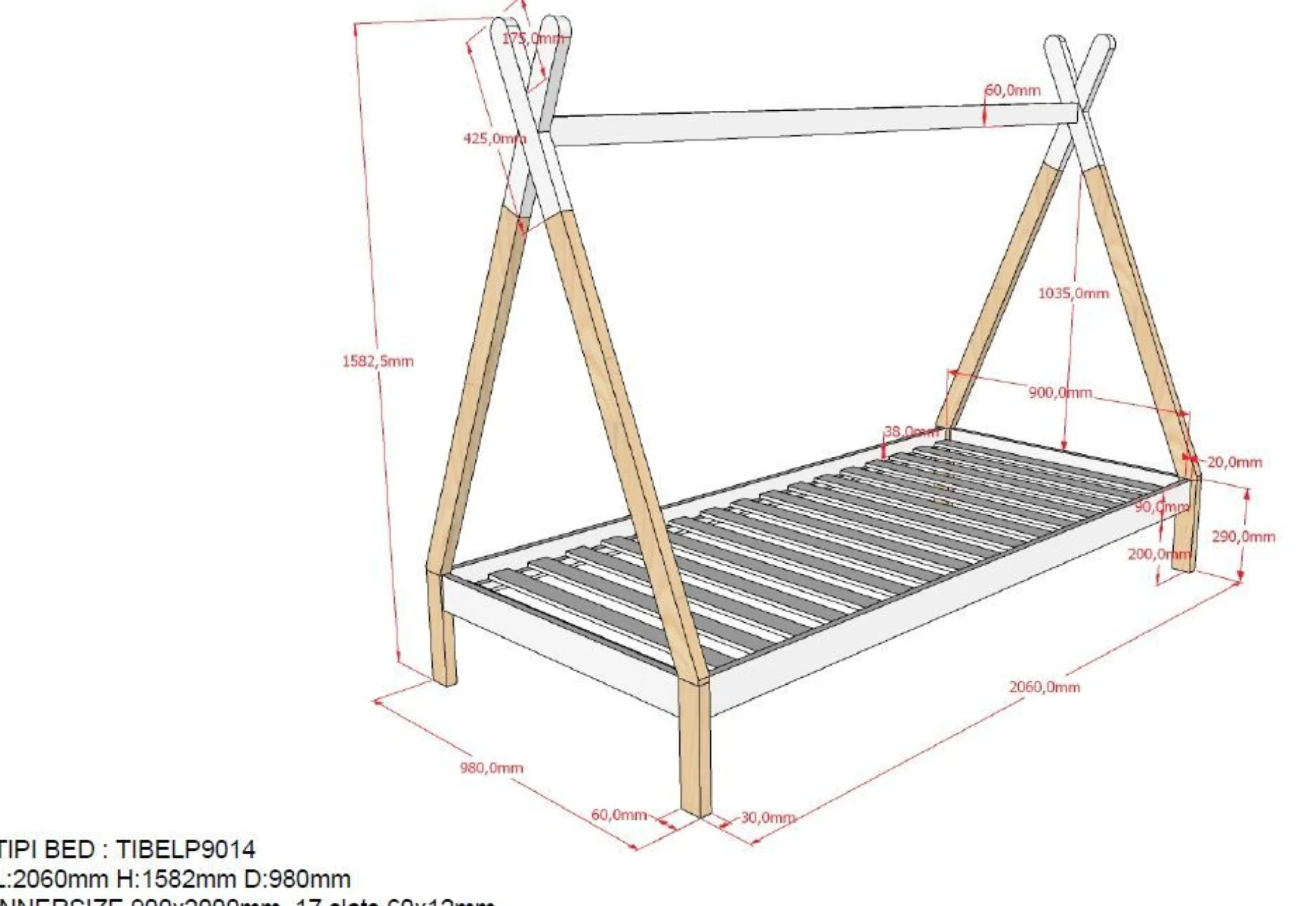 Tipi-Bett 90 x 200cm mit Bettkasten - Kieferholz