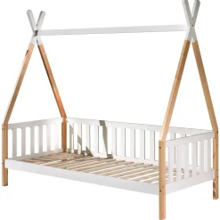 Tipi Bett 90 x 200cm mit Reling und Bettkasten Kiefer - weiß