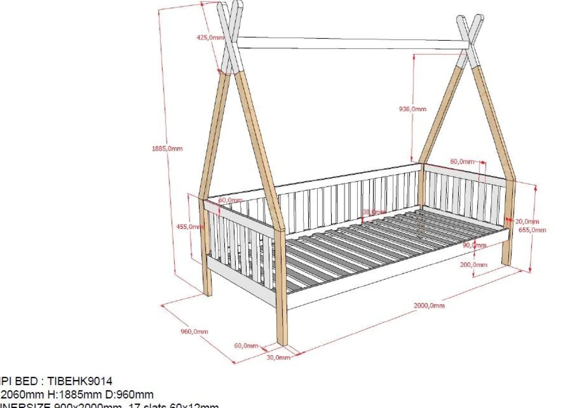 Tipi-Bett 90 x 200cm mit Reling und Bettkasten Massivholz - Kieferholz/weiß