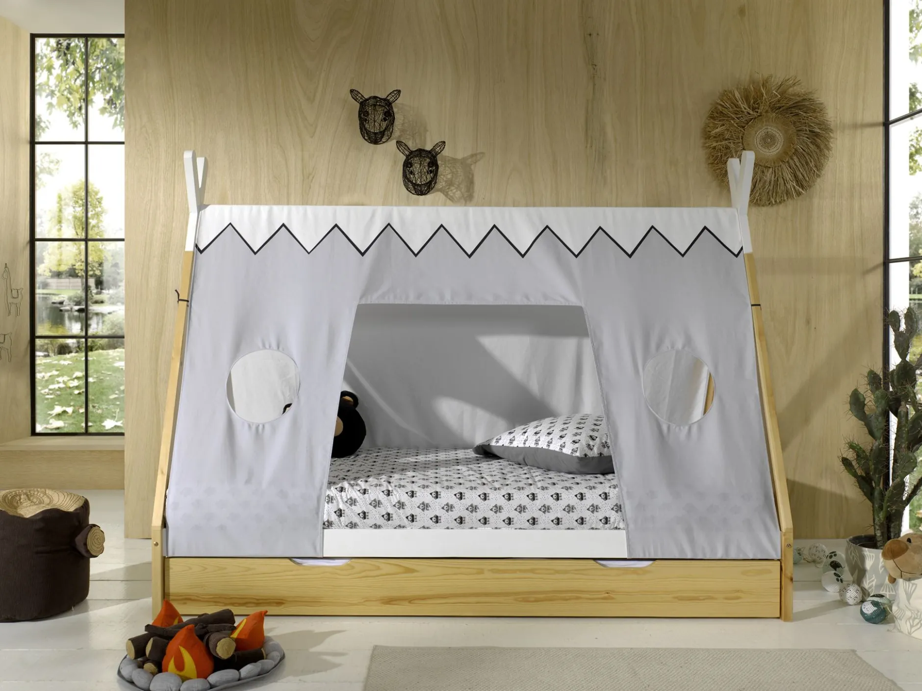 Tipi-Bett 90 x 200cm mit Schlafzelt und Bettkasten - Kieferholz