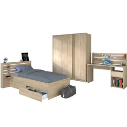 TokioKinderzimmer : Bett 90x200 mit Schubladen, Kleiderschrank, Schreibtisch