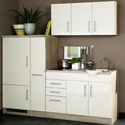 Toronto Creme Hochglanz Küchen-Set: Oberschränke, Spülenunterbau, Auszüge, Kühlschrank, Kochfeld - 30/148 Speisekammer