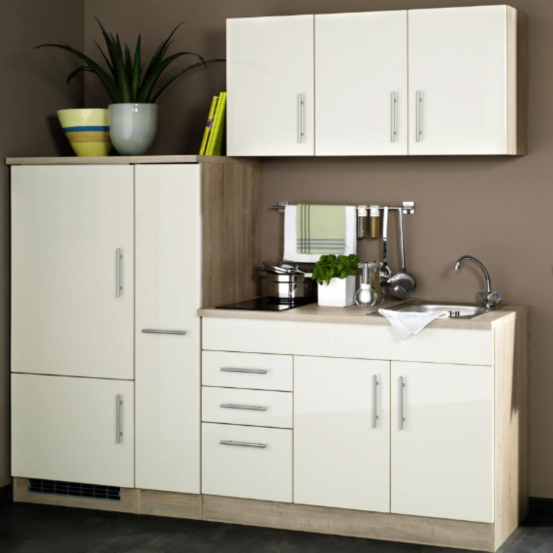 Toronto Creme Hochglanz Küchen-Set: Oberschränke, Spülenunterbau, Auszüge, Kühlschrank, Kochfeld - 30/148 Speisekammer