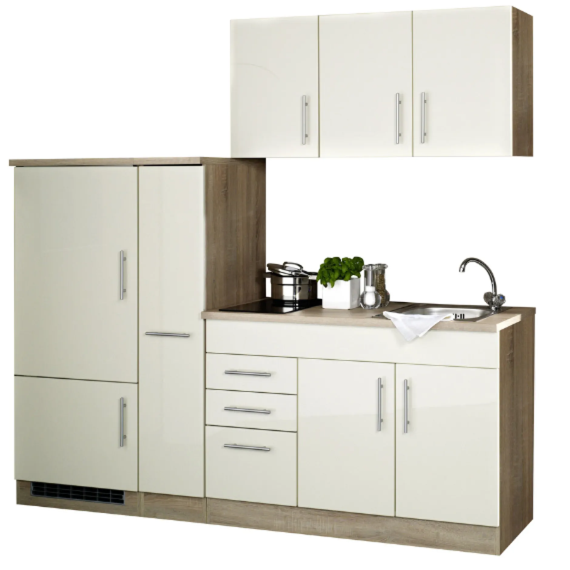 Toronto Creme Hochglanz Küchen-Set: Oberschränke, Spülenunterbau, Auszüge, Kühlschrank, Kochfeld - 30/148 Speisekammer