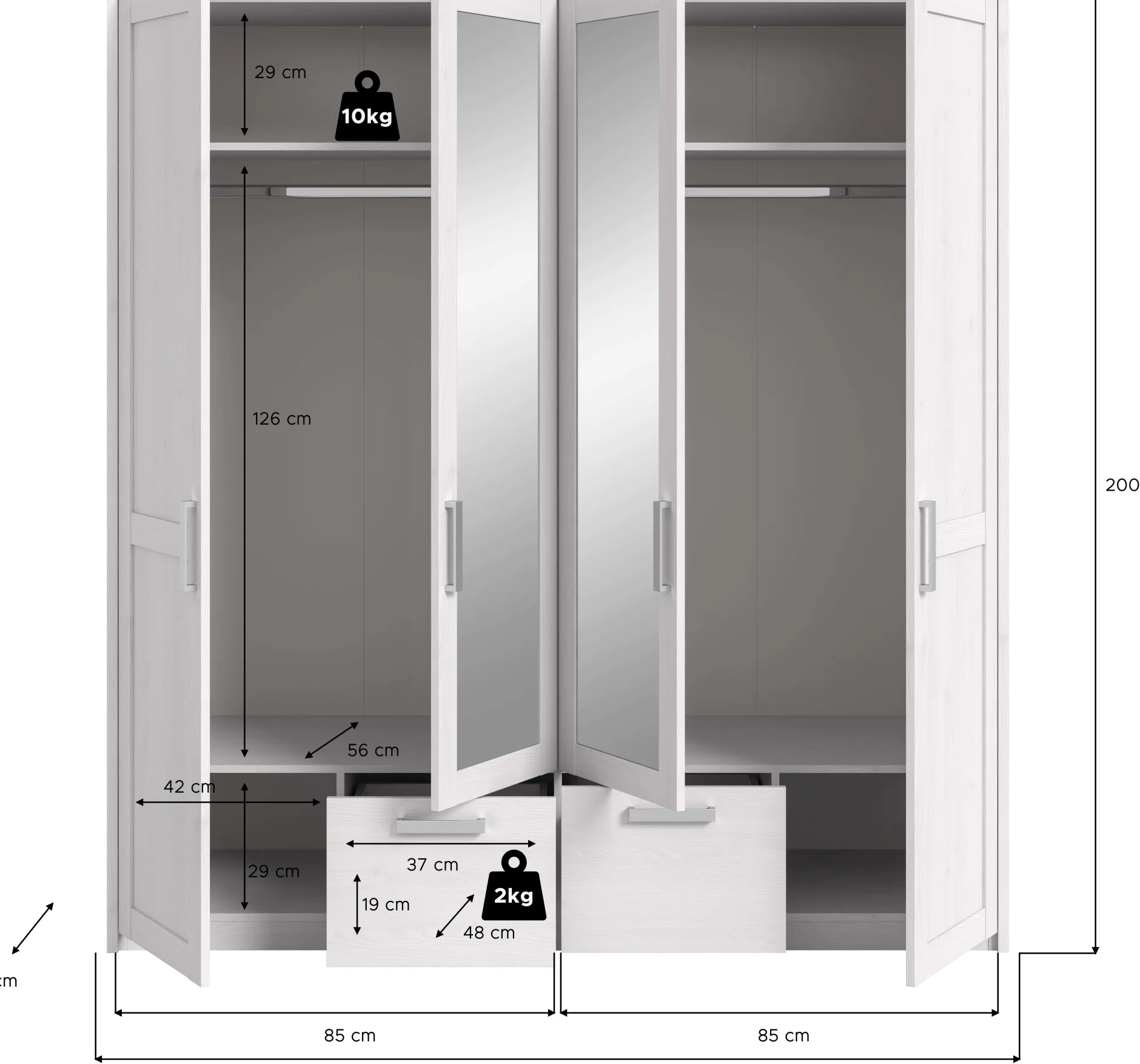 4-türiger Kleiderschrank Verona Xonox - sibiu-lärchenfarbene Oberfläche - 188x200x61 cm - Weiß