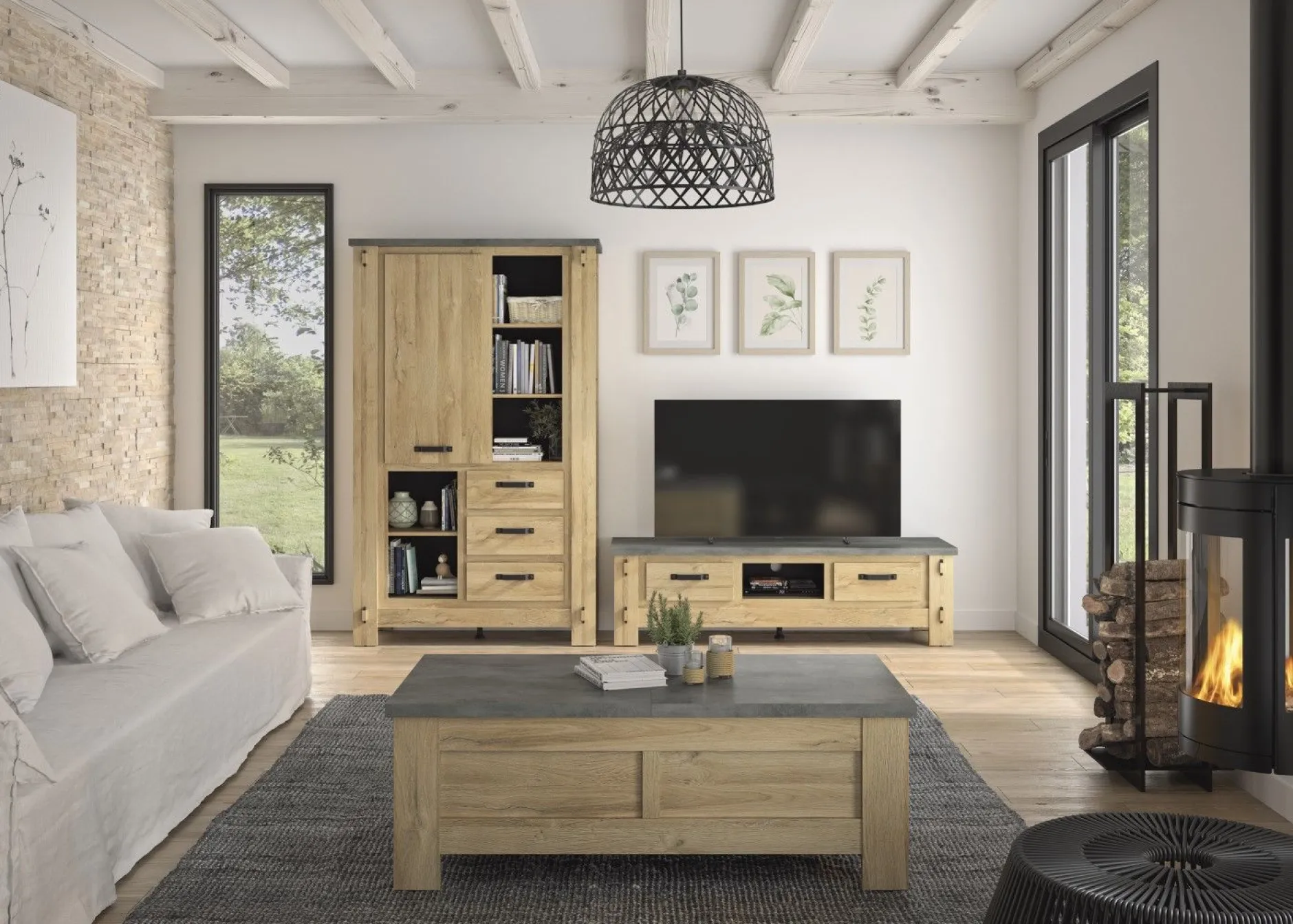 TV-Möbel Louane 172cm, 2 Schubladen - Eiche/Beton