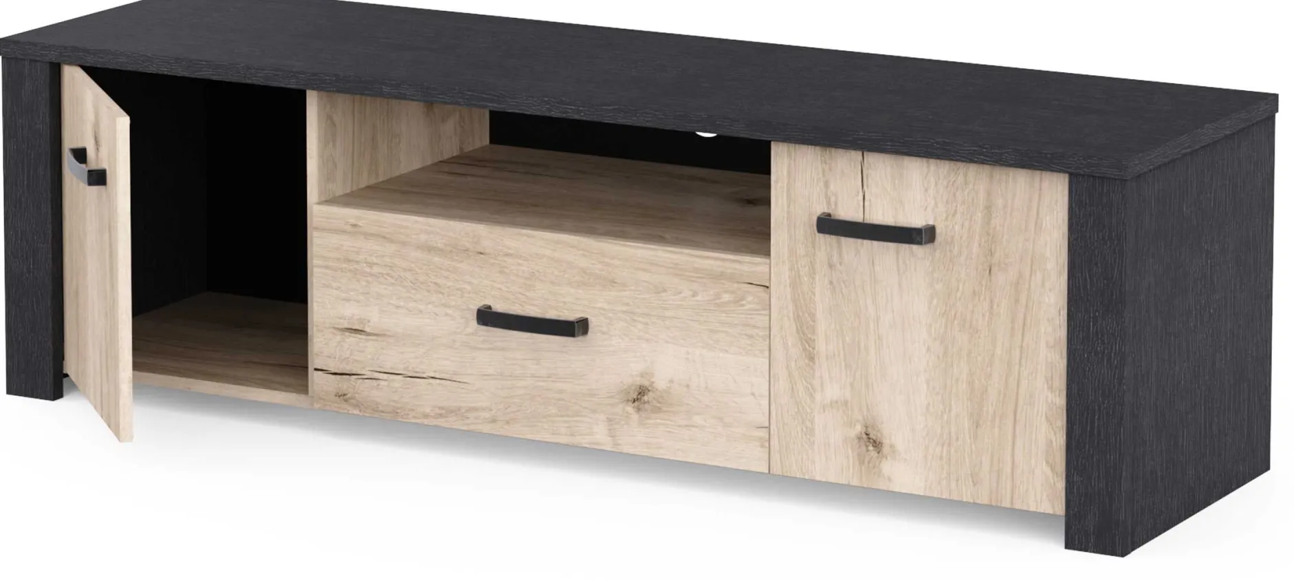 TV-Schrank Aubrey - 148x42x44cm - 2 Türen und 1 Schublade - Eiche Dekor/schwarz