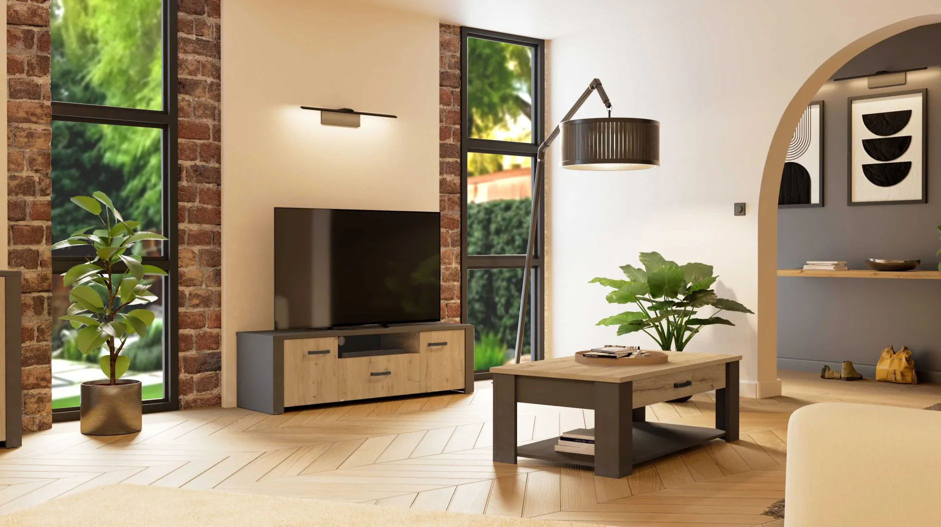 TV-Schrank Aubrey - 148x42x44cm - 2 Türen und 1 Schublade - Eiche Dekor/schwarz