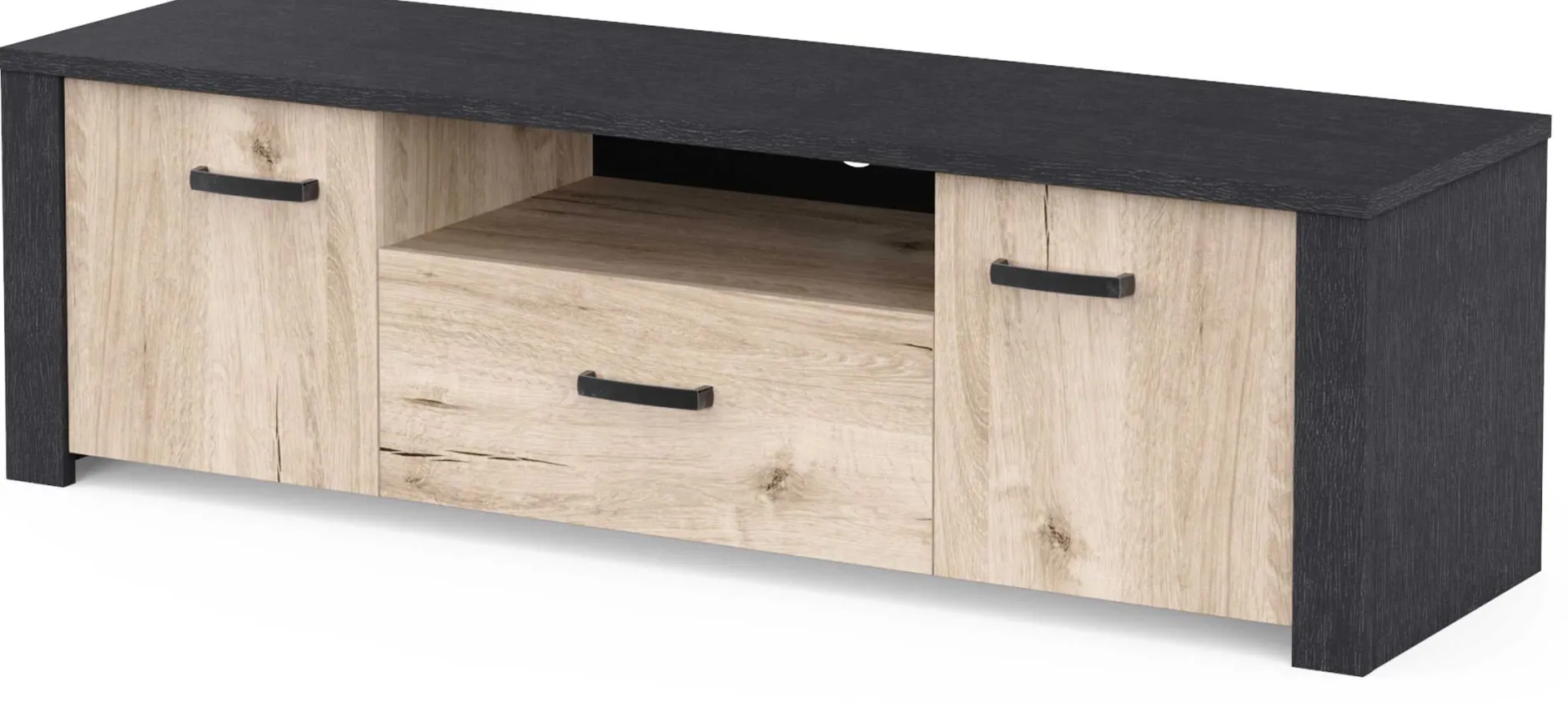 TV-Schrank Aubrey - 148x42x44cm - 2 Türen und 1 Schublade - Eiche Dekor/schwarz