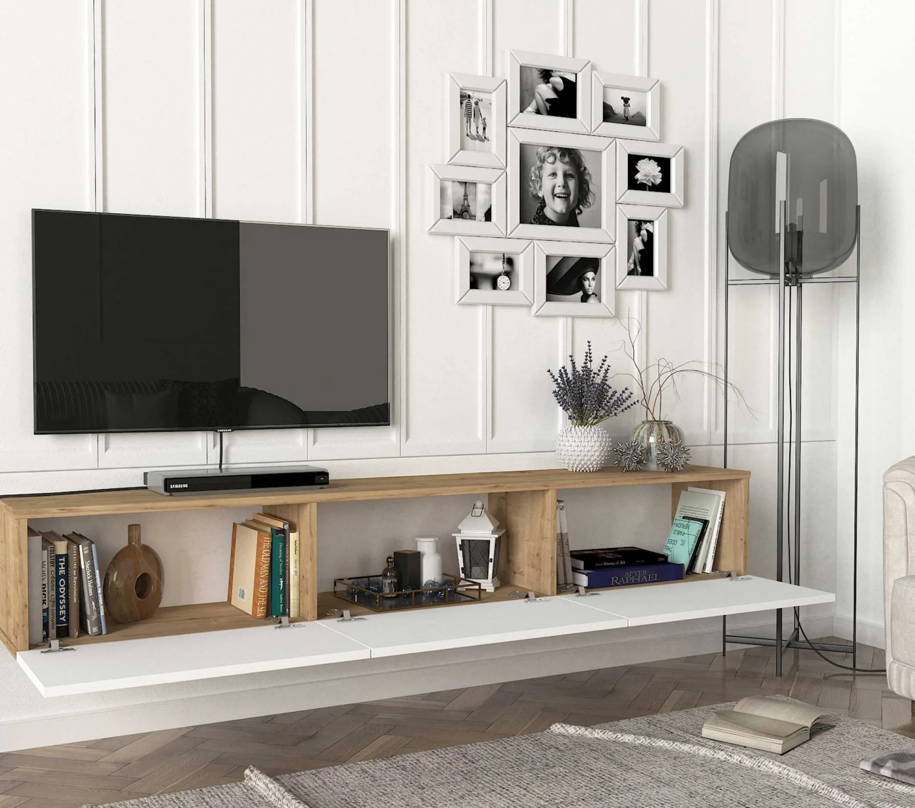 TV-Schrank Damla - 180x30x30cm - 3 Türen - weiß/Eiche Dekor