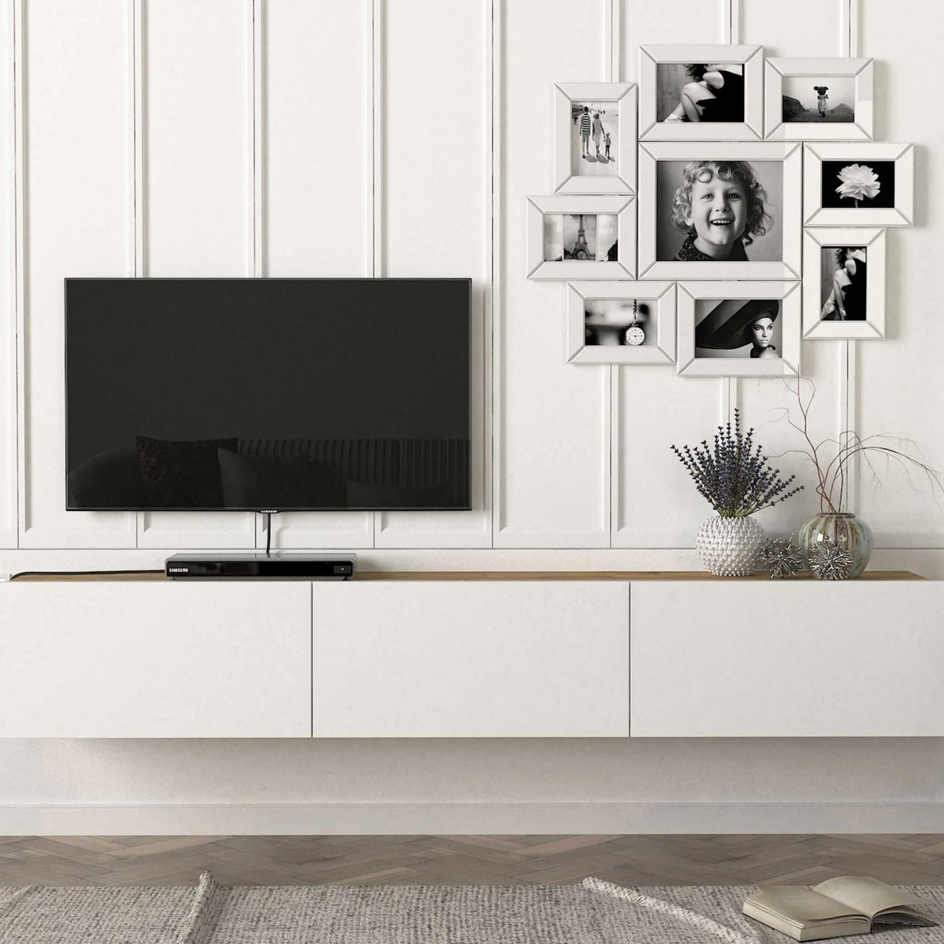TV-Schrank Damla - 180x30x30cm - 3 Türen - weiß/Eiche Dekor
