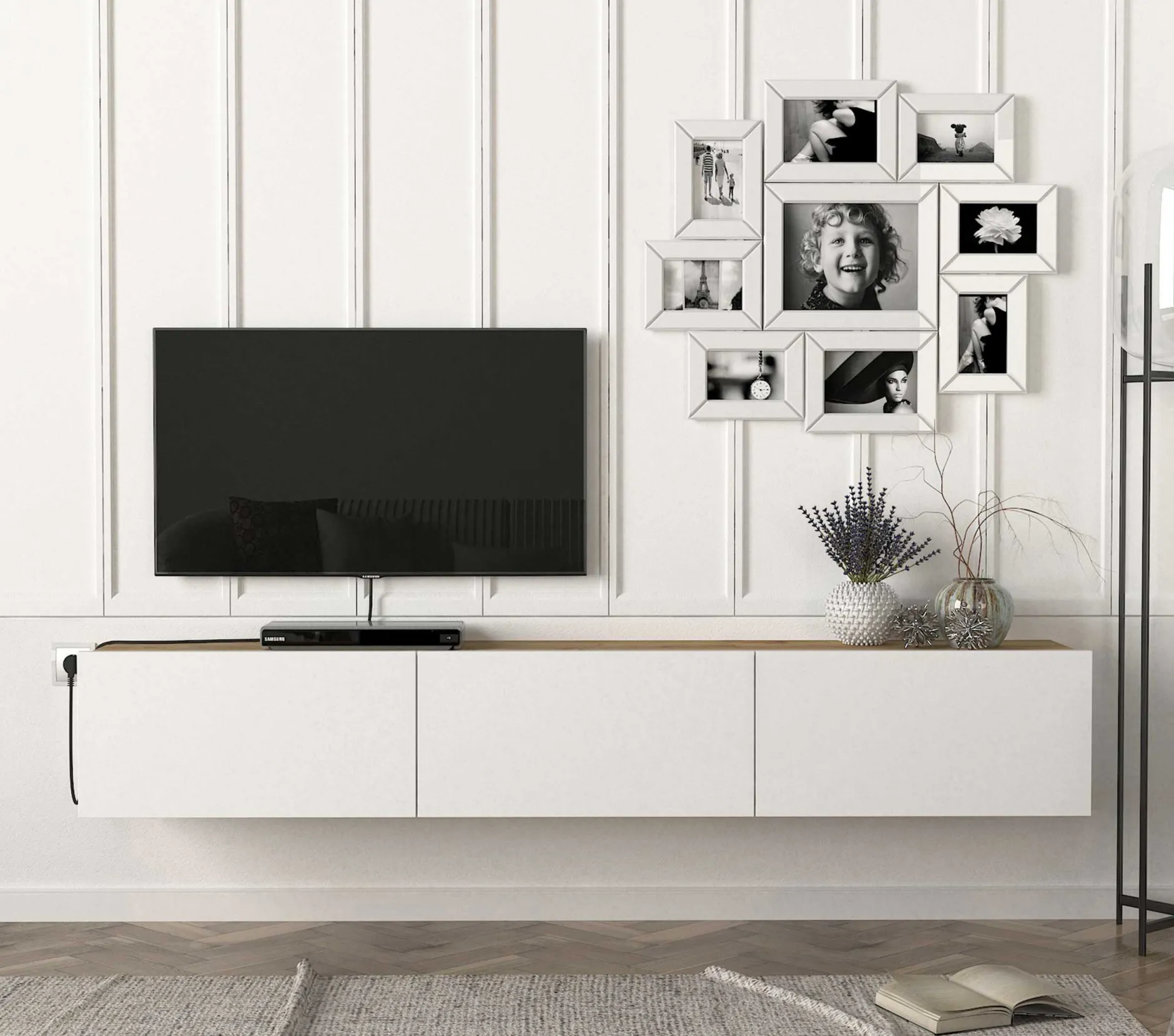 TV-Schrank Damla - 180x30x30cm - 3 Türen - weiß/Eiche Dekor