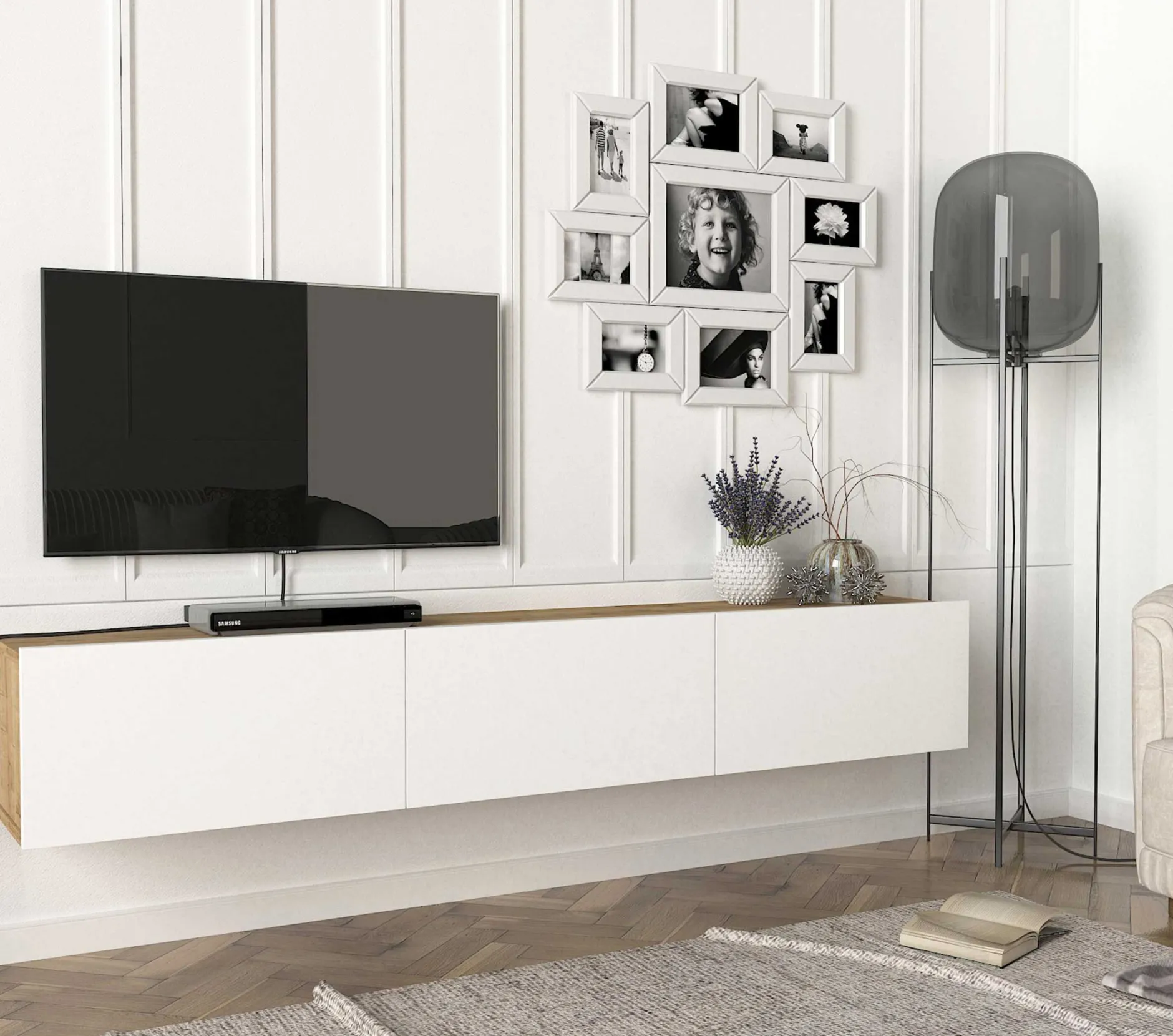 TV-Schrank Damla - 180x30x30cm - 3 Türen - weiß/Eiche Dekor