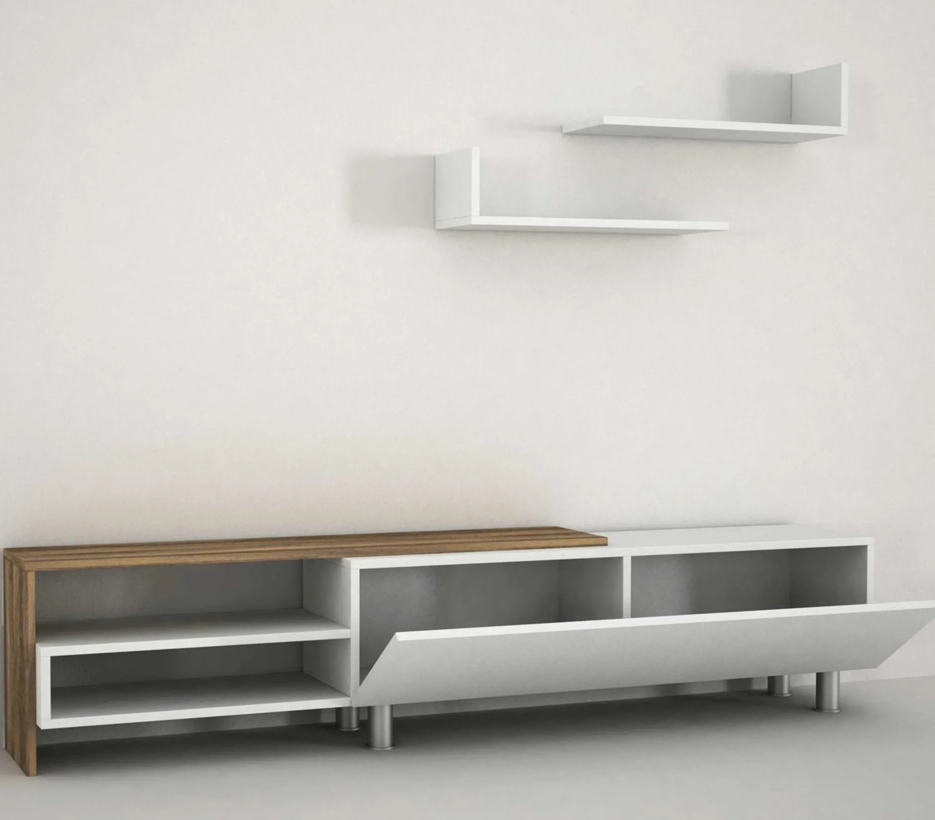 TV-Schrank Dizayn - 181x31x41cm - mit 1 Tür und 2 Wandeinlegeböden - weiß/Walnuss