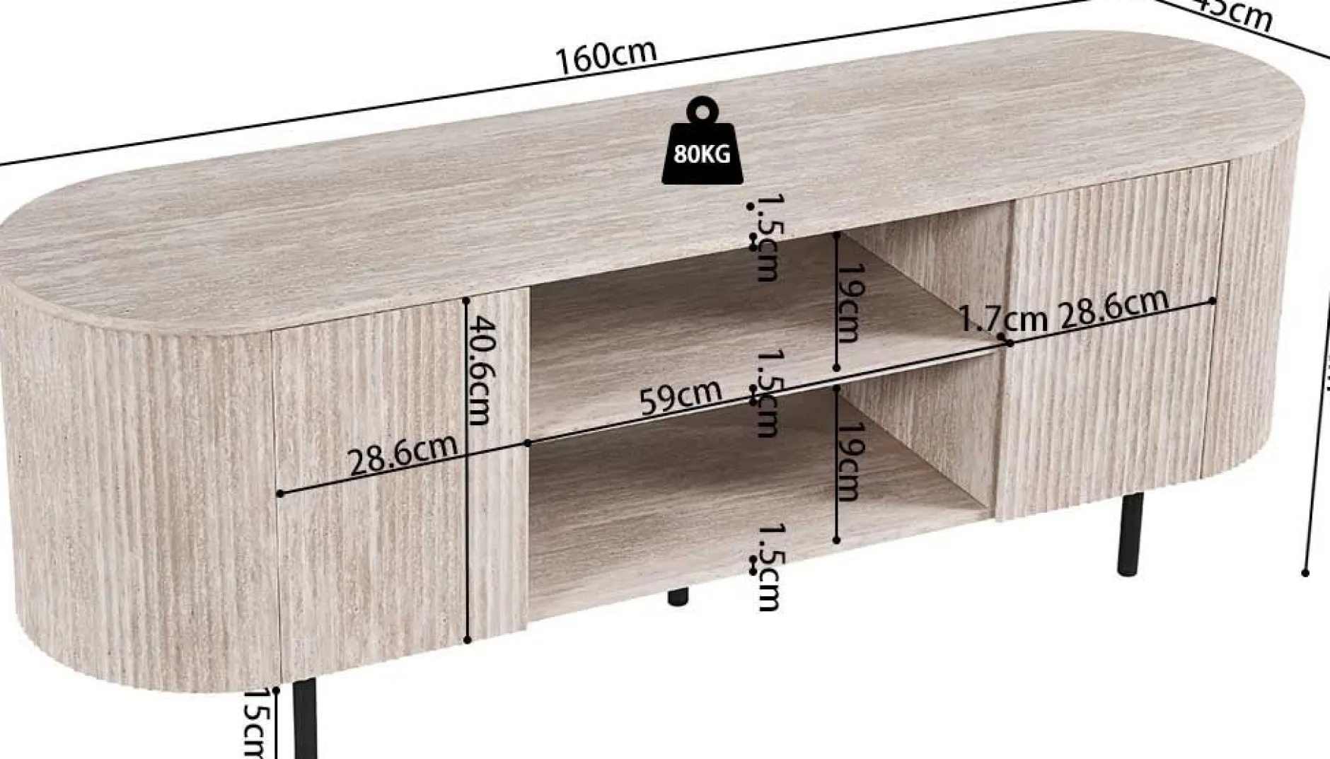 TV-Schrank Lagos - 160x45x57,5cm - 2 Türen - Travertin
