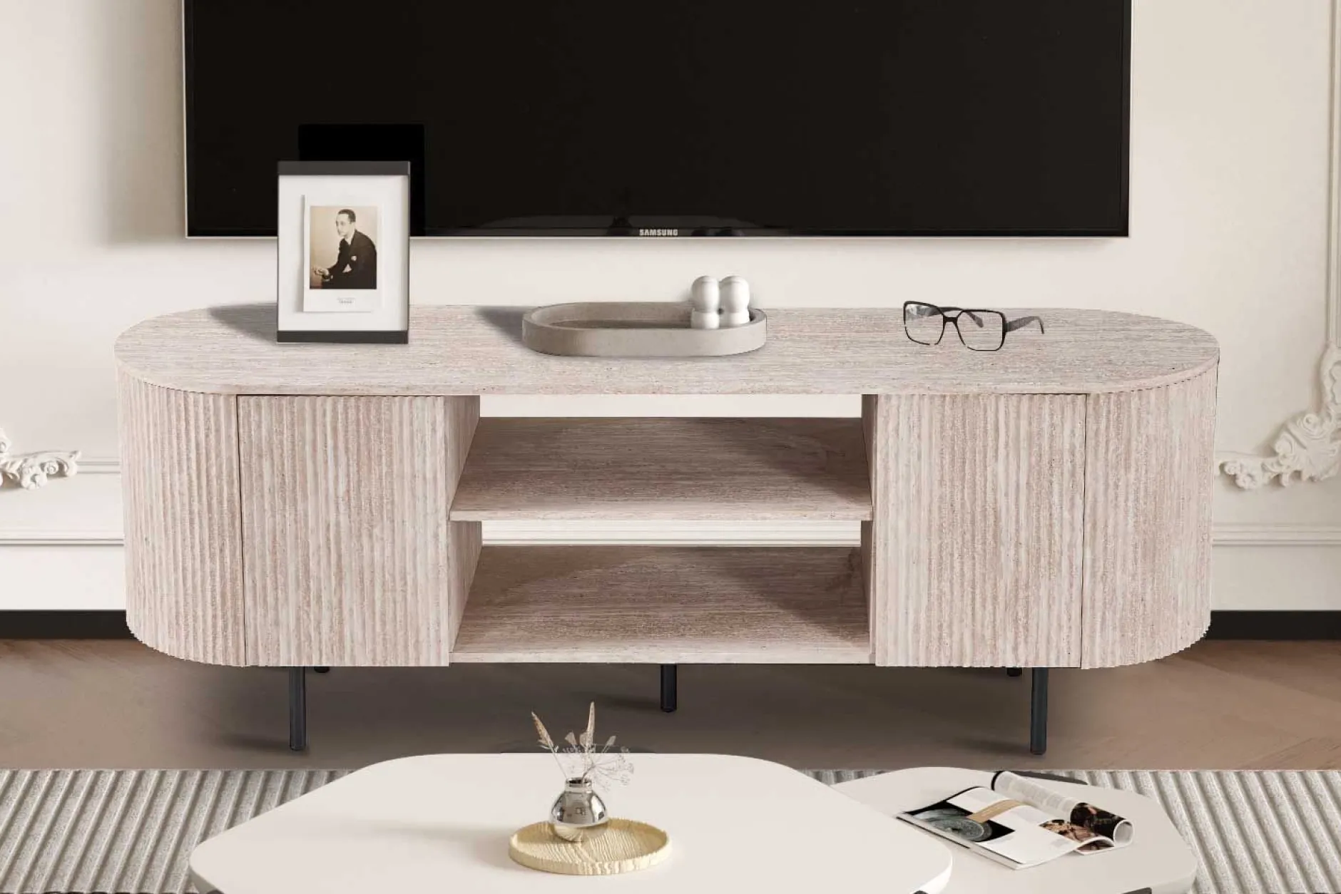 TV-Schrank Lagos - 160x45x57,5cm - 2 Türen - Travertin