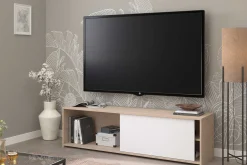 TV-Schrank Leandro - 155x40x43cm - mit Schiebetür - Eiche Dekor/Weiß
