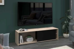 TV-Schrank Leandro - 155x40x43cm - mit Schiebetür - Eiche Dekor/schwarz