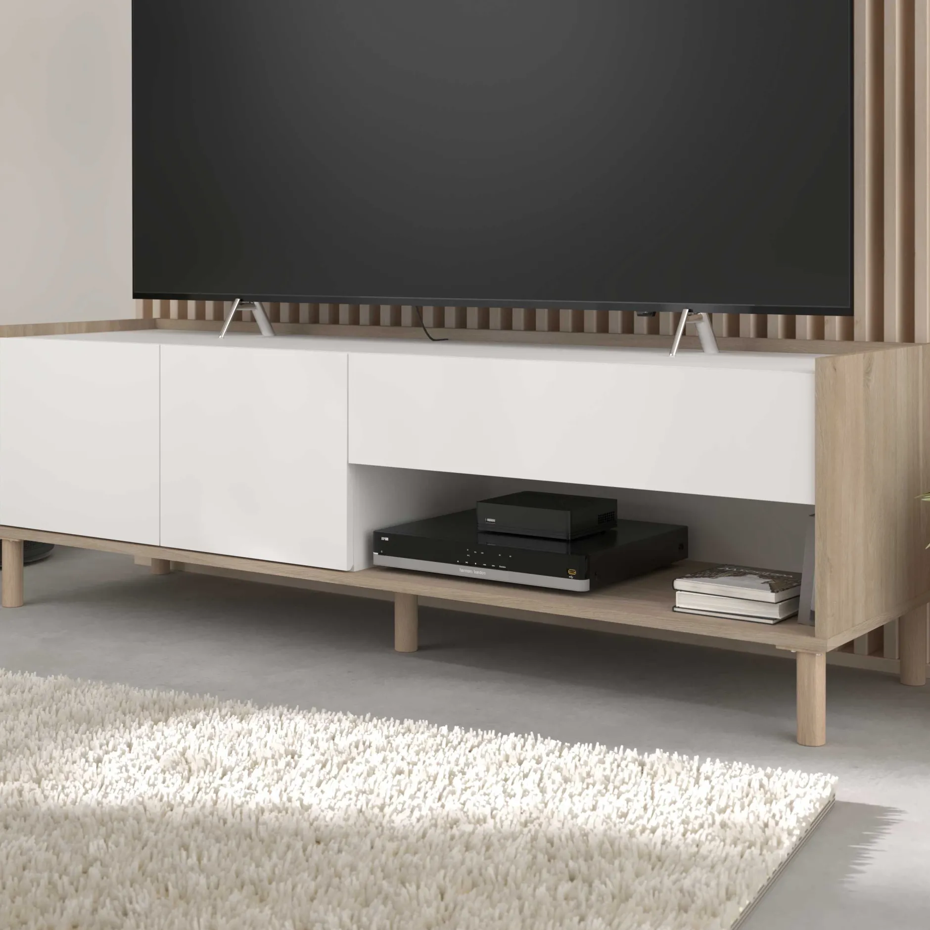 TV-Schrank Morpheus - 150x40x47cm - 2 Türen und 1 Schublade - Eiche Dekor/Weiß