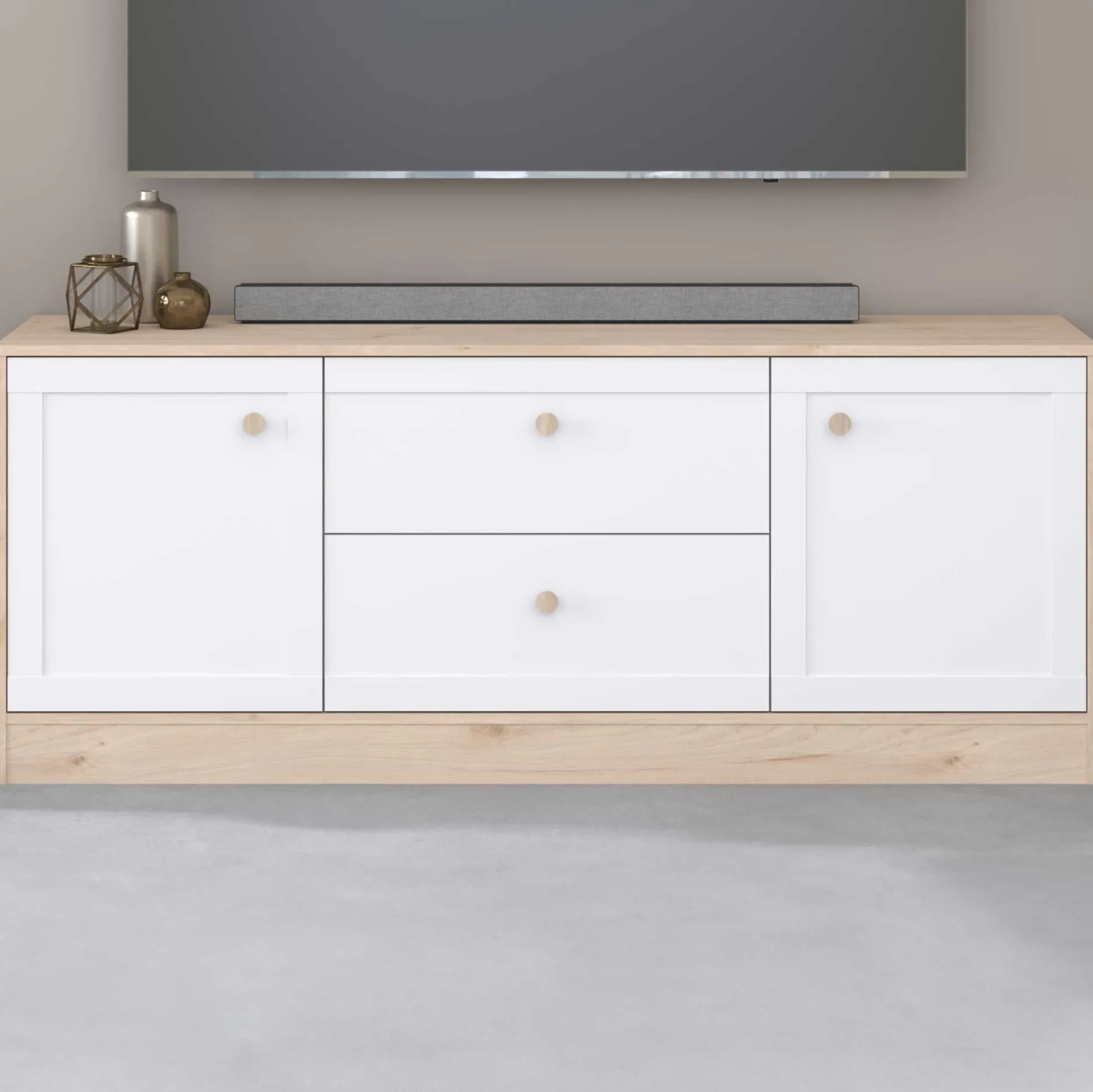 TV-Schrank Sophia - 158x40x63cm - 2 Türen und 2 Schubladen - weiß/Eiche Dekor