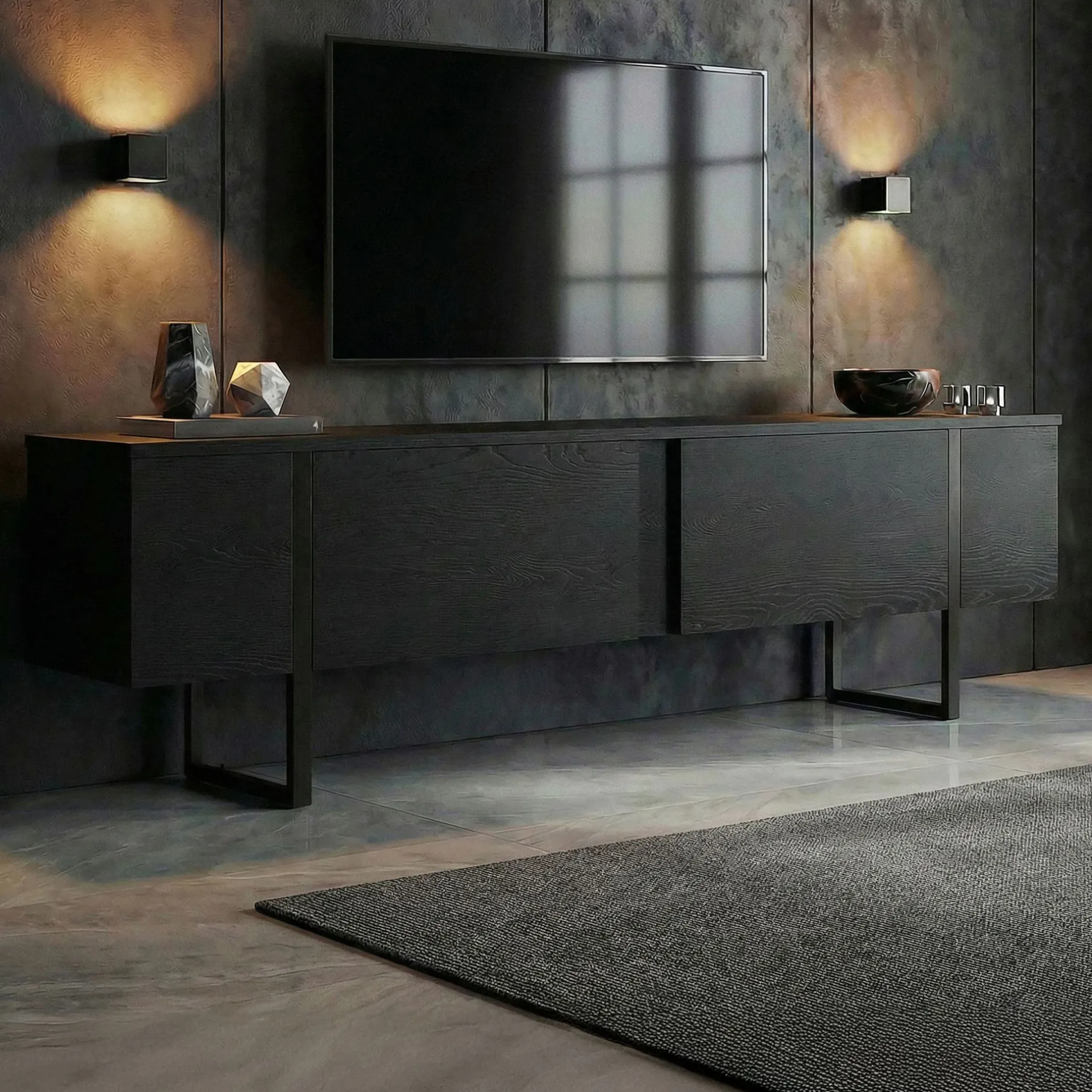 TV-Ständer Onera - 100% MELAMINE - Holzschwarz - 50 x 30 x 180 cm
