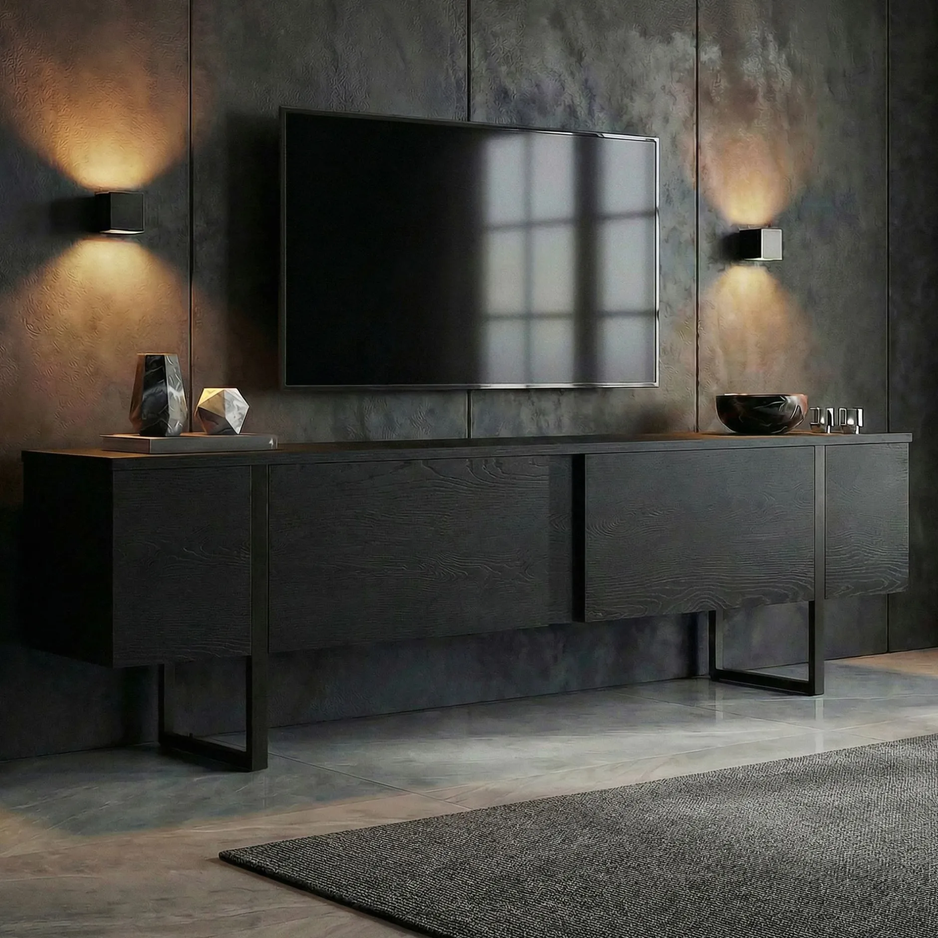 TV-Ständer Onera - 100% MELAMINE - Holzschwarz - 50 x 30 x 180 cm