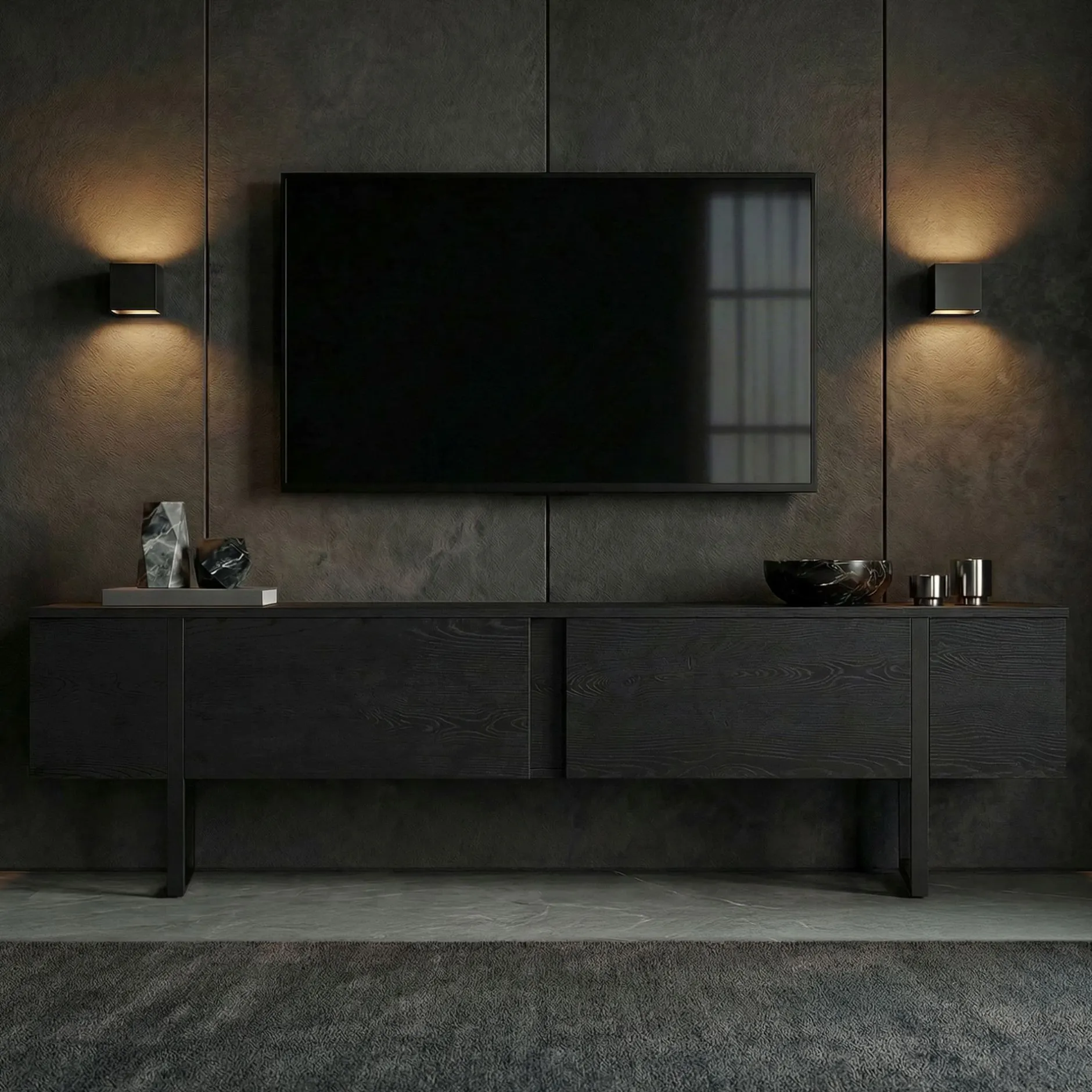 TV-Ständer Onera - 100% MELAMINE - Holzschwarz - 50 x 30 x 180 cm