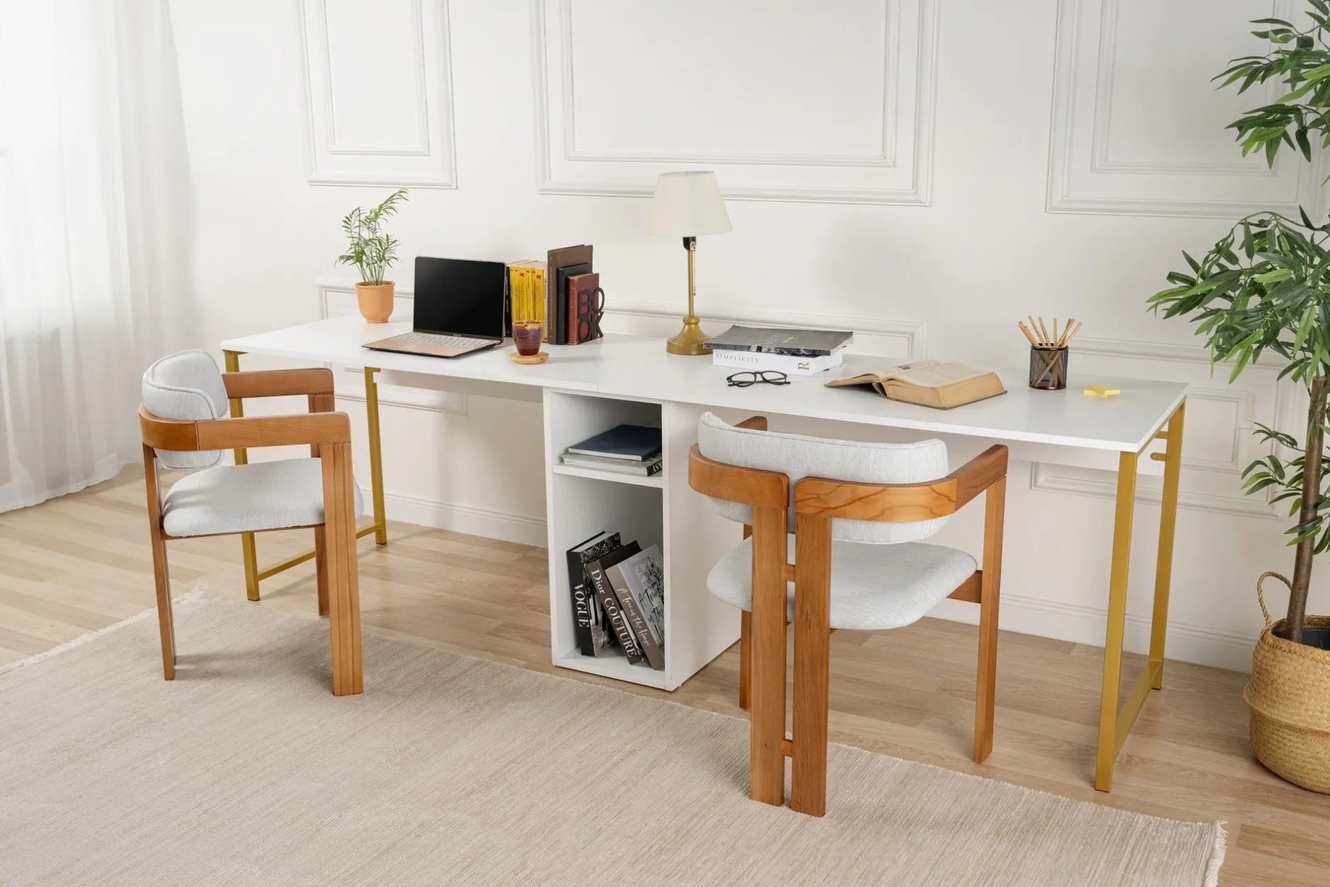 Twin Schreibtisch | 100 % Melamin | Weiß, Gold