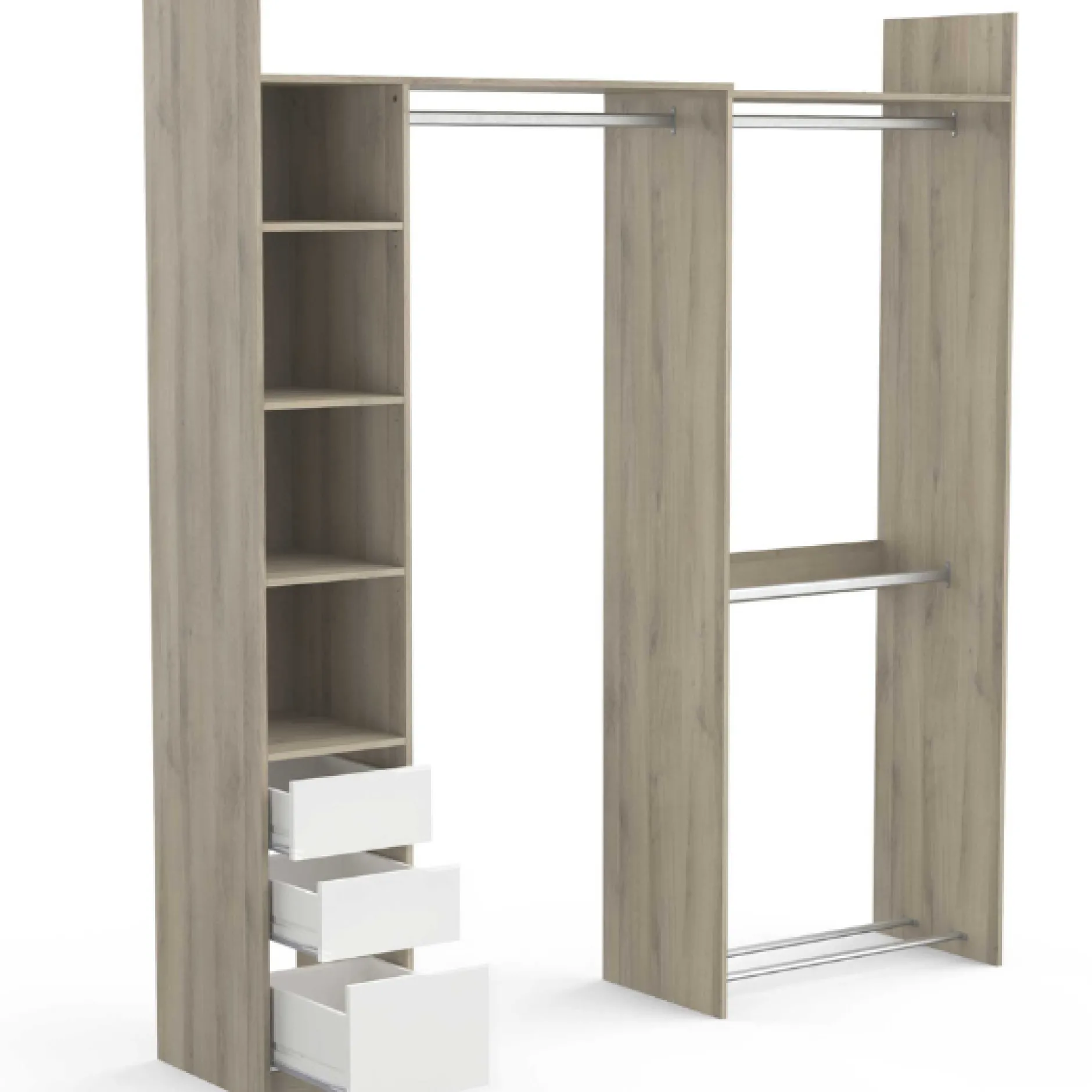 Verstellbarer Kleiderschrank Swift 3 Kleiderstangen, 3 Einlegeböden, 1 Schuhregal, 1 Hutablage und 3 Schubladen-Kronberger Eiche/Mattweiß