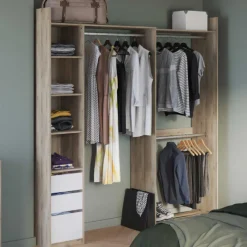 Verstellbarer Kleiderschrank Swift 3 Kleiderstangen, 3 Einlegeböden, 1 Schuhregal, 1 Hutablage und 3 Schubladen-Kronberger Eiche/Mattweiß