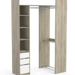 Verstellbarer Kleiderschrank Swift 3 Kleiderstangen, 3 Einlegeböden, 1 Schuhregal, 1 Hutablage und 3 Schubladen-Kronberger Eiche/Mattweiß