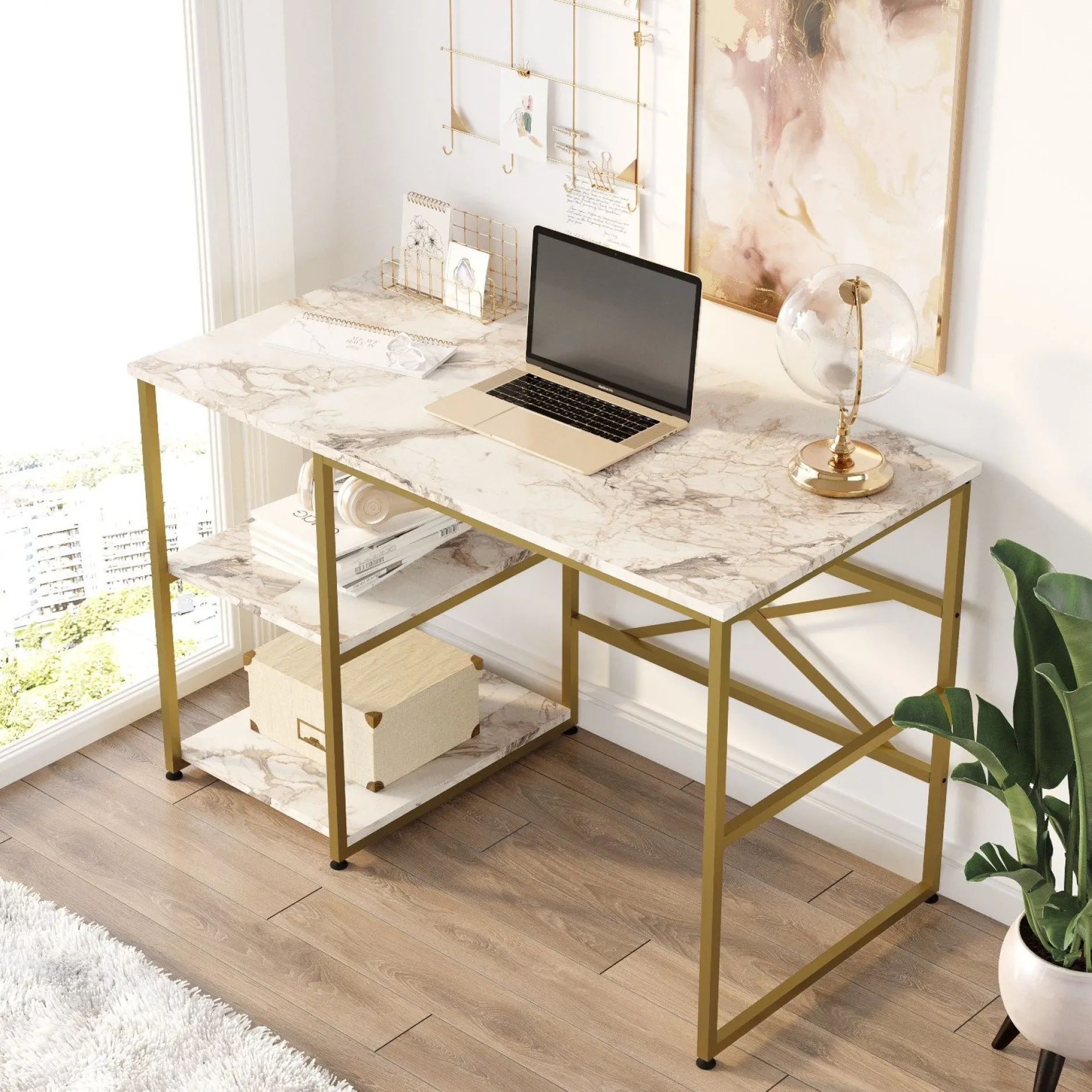 VG23 Schreibtisch | 100 % Melamin | Weißer Marmor, Gold