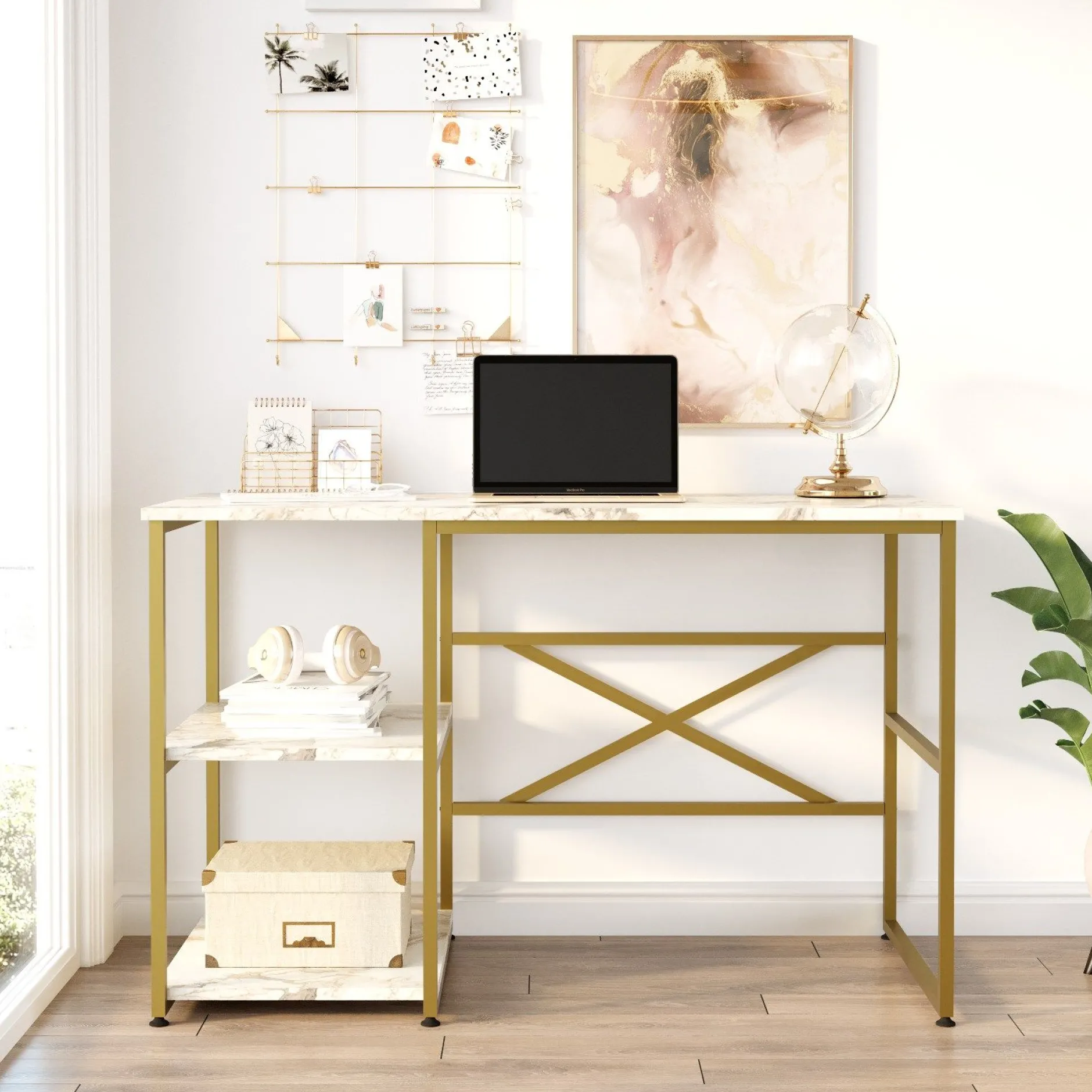 VG23 Schreibtisch | 100 % Melamin | Weißer Marmor, Gold