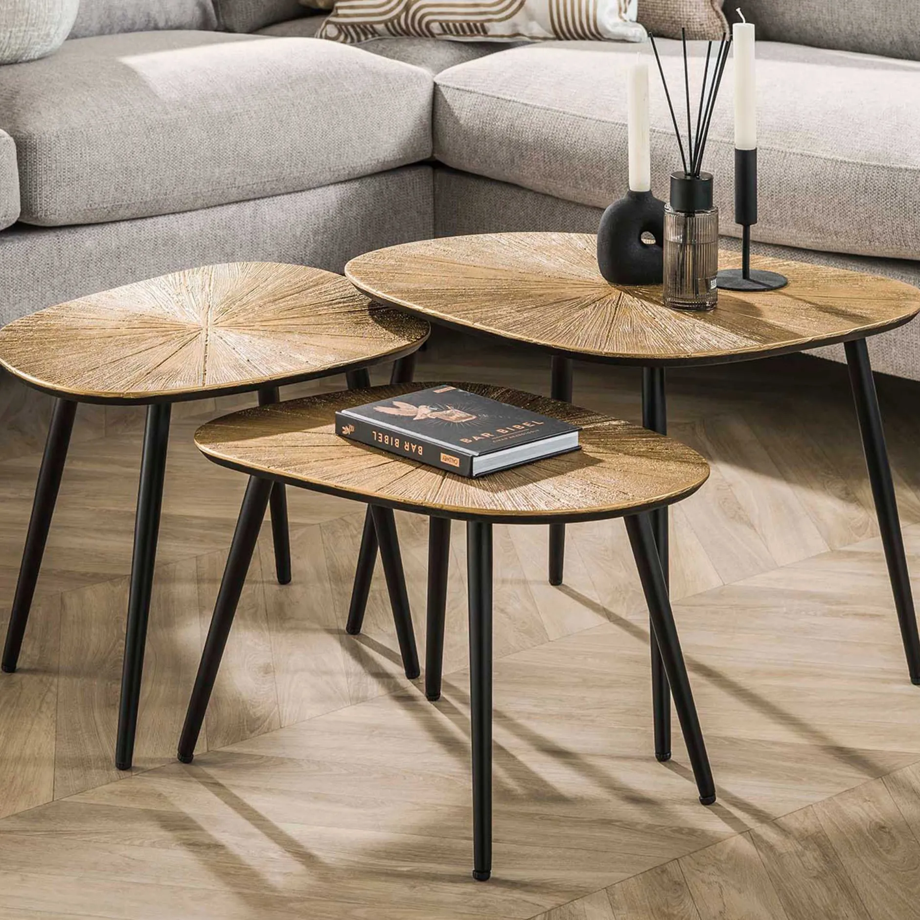 Viereckiger Couchtisch Ray Metall 3er Set in Antik Gold