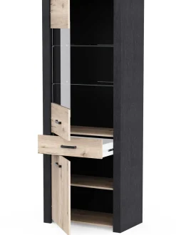 Vitrine Aubrey - 75x42x198cm - 2 Türen und 1 Schublade - Eiche Dekor/schwarz