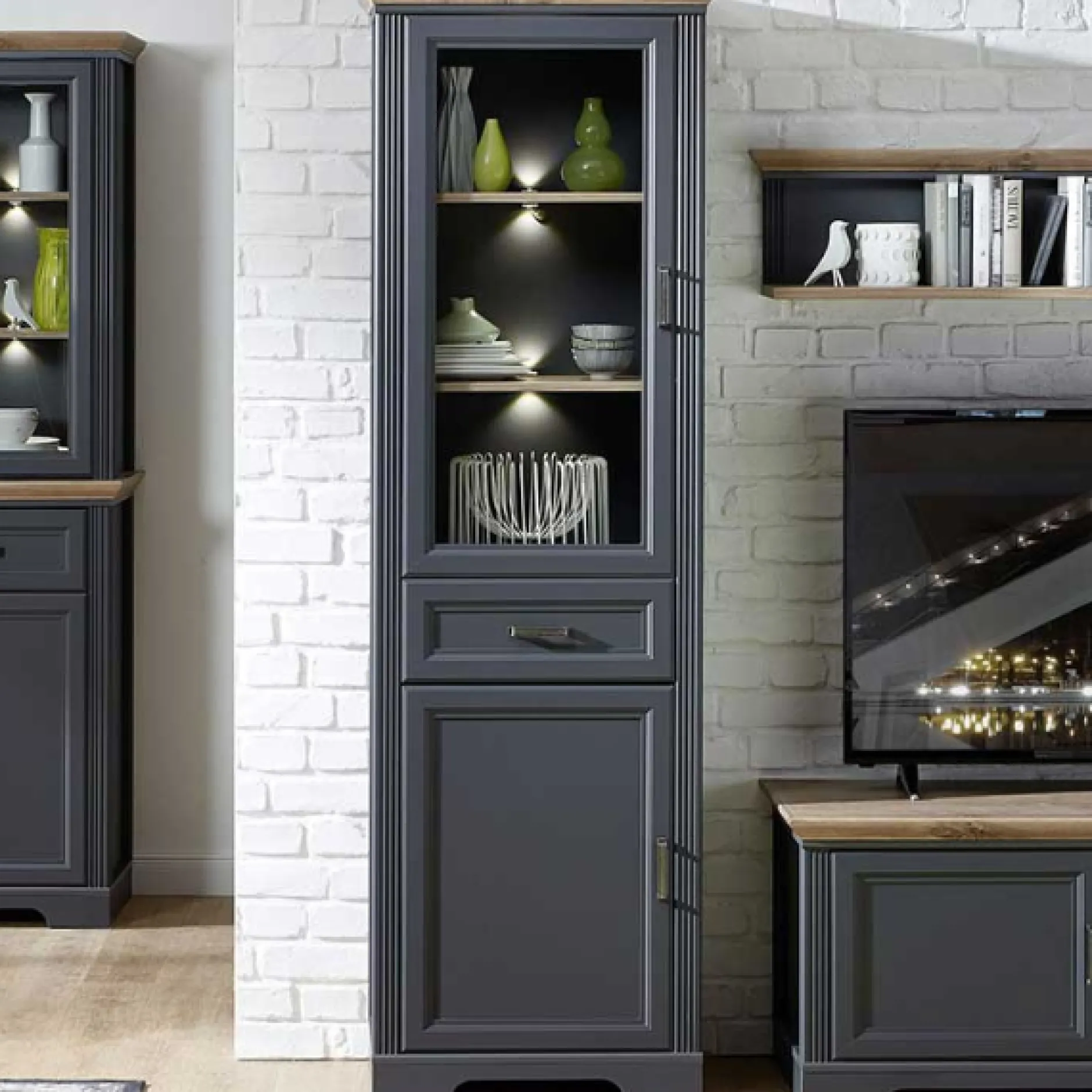 Vitrine Samine 66cm 2 Türen und 1 Schublade - graphit/ik